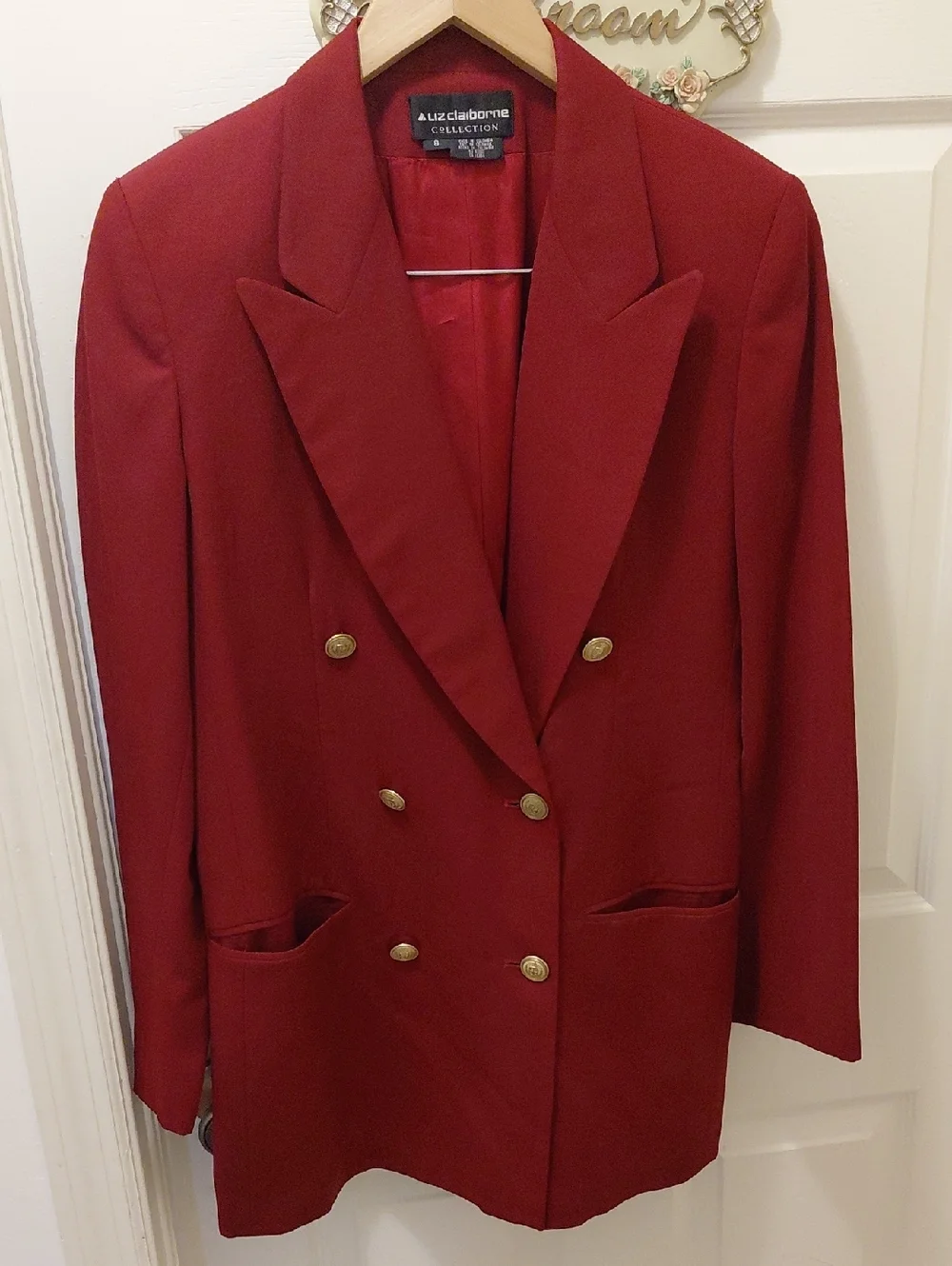 Liz Claiborne Deep Red Double-Breasted Blazer with Gold Buttons